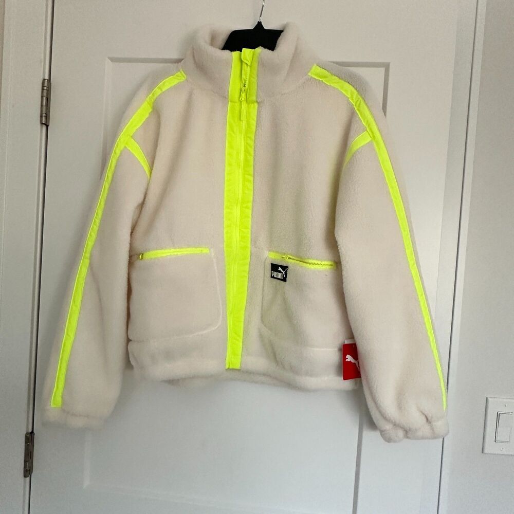 Puma Sherpa Jacket Fleece Cream with Neon Zip-Up Size L New Unisex